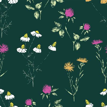Seamless background of various drawn textured wildflowersのイラスト素材
