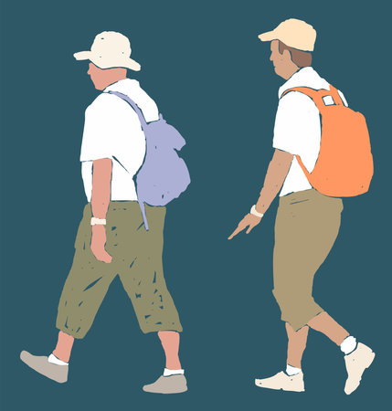 Vector drawings of two male tourists walking with backpacks on a summer vacation hikeのイラスト素材