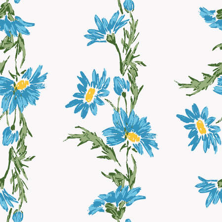Seamless pattern of textured brush drawings blue garden daisiesのイラスト素材