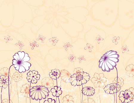 Decorative vector background with abstract outlines fantasy flowers and flying butterfliesのイラスト素材