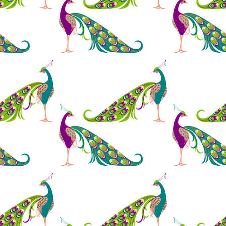 Seamless pattern of decorative colorful cartoon peacocksのイラスト素材