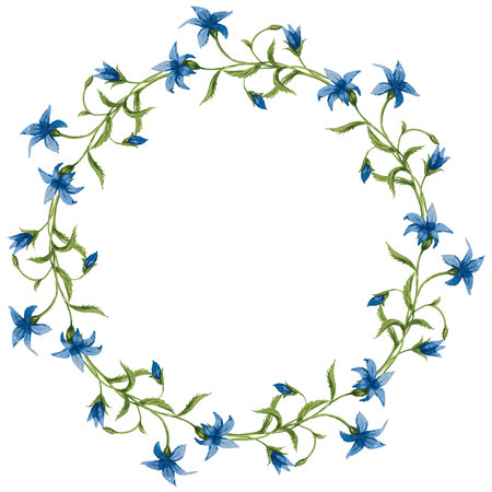 Decorative vector floral wreath from watercolor drawings of delicate wild bellflowersのイラスト素材