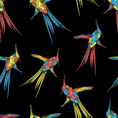 Seamless background of drawn flying colorful hummingbirdsのイラスト素材
