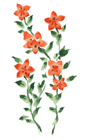 Watercolor vector drawing of abstract blooming twigs with red flowers and green leavesのイラスト素材