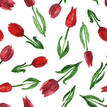 Seamless background from watercolor drawings of blooming red tulipsのイラスト素材
