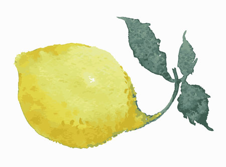 Watercolor vector drawing of yellow ripe lemon with green leavesのイラスト素材