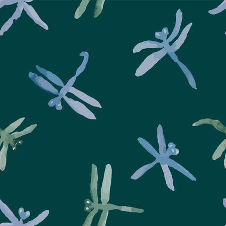 Seamless pattern from watercolor drawings abctract cartoon flying dragonflies