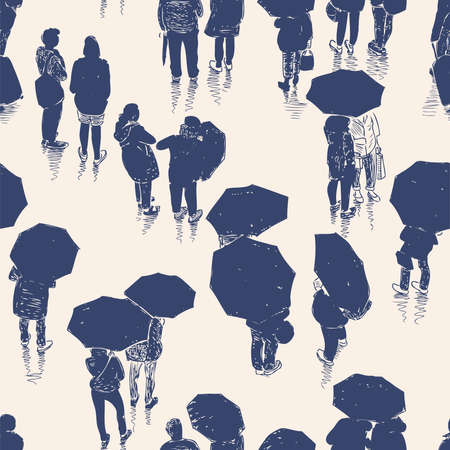 Seamless pattern of silhouettes citizens crowd under umbrellas on rainy dayのイラスト素材