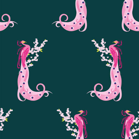 Seamless pattern of decorative pink peacocks on blossoming cherry tree branchesのイラスト素材
