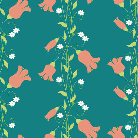 Seamless background of pink abstract bell flowers and daisiesのイラスト素材