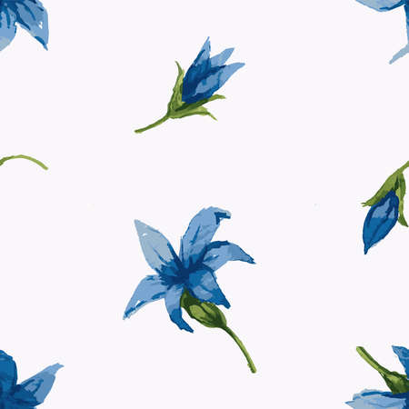 Seamless background of watercolor drawings of blue bellflowers headsのイラスト素材