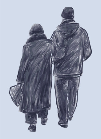 Watercolor brush drawing of silhouettes old spouses walking outdoorsのイラスト素材