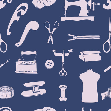 Seamless pattern of silhouettes of various sewing tools for clothing manufacturingのイラスト素材