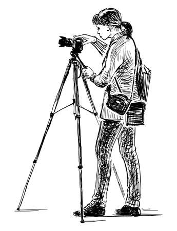 Sketch of young woman photographer with camera on tripod taking picture outdoorsのイラスト素材