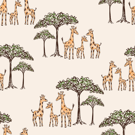 Seamless background of drawn cartoon funny families giraffes and baobabs in hot savannahのイラスト素材