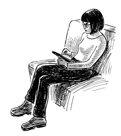 Sketch of casual young woman sitting on sofa and looking on tabletのイラスト素材