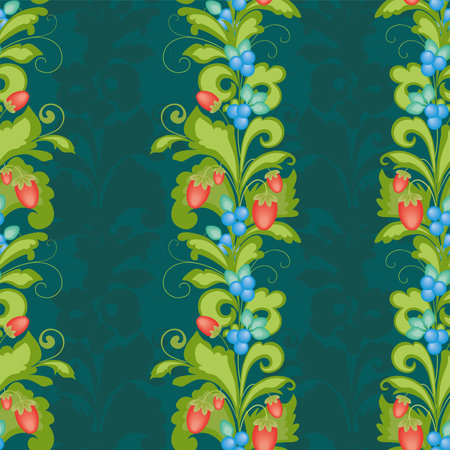 Seamless background of decorative floral twigs with ripe strawberries and blueberriesのイラスト素材