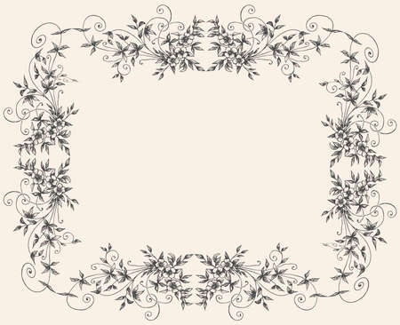 Decorative greeting card with border from sketches vintage floral twigs with tendrilsのイラスト素材