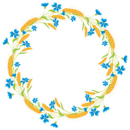 Decorative floral wreath from bunch of ripe wheats and cornflowersのイラスト素材
