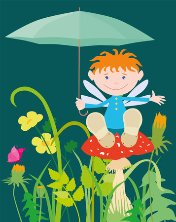 An elf boy with an umbrella sits on a mushroomのイラスト素材