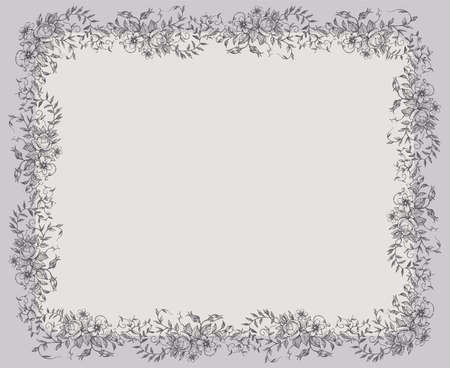 Decorative card with border from sketches vintage floral twigs with leaves, flowers and tendrilsのイラスト素材