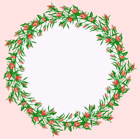 Decorative greeting card with wreath from drawn red roses and green leavesのイラスト素材
