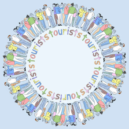 Decorative round border from outline drawings of crowd casual tourists on excursionのイラスト素材