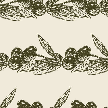 Seamless background of olive branches sketchesのイラスト素材