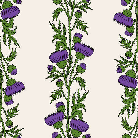 Seamless background of drawn wild thistle flowers with buds in rowsのイラスト素材
