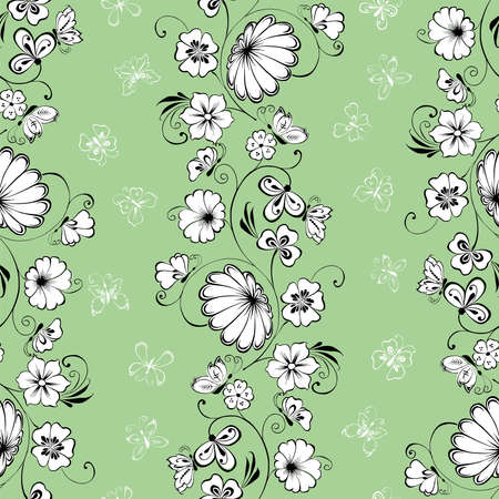 Seamless background of outlines decorative blossom twigs with butterfliesのイラスト素材