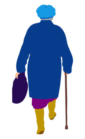 Vector drawing of silhouette senior woman with cane and bag walking outdoorsのイラスト素材