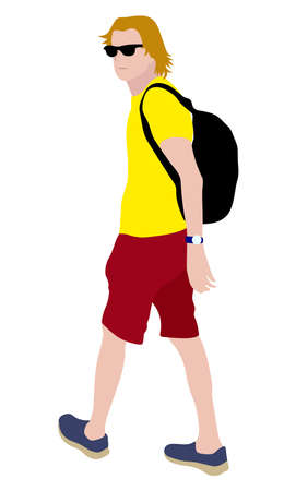 Vector drawing of young man with backpack walking outdoors on summer dayのイラスト素材