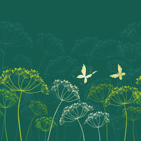 Decorative background with silhouettes umbrella plants and flying butterfliesのイラスト素材