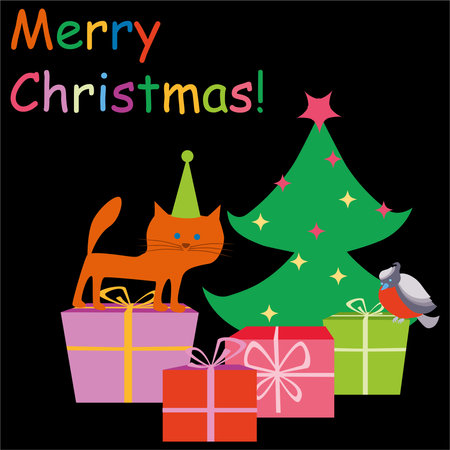 Decorative christmas card with fir tree, gift boxes, red cat and bullfinchのイラスト素材