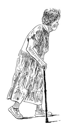 Sketch of old woman walking outdoors on summer dayのイラスト素材