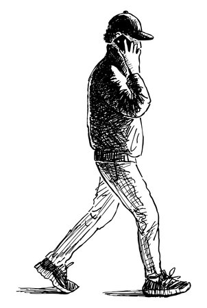 Sketch of casual city pedestrian with smartphone walking along streetのイラスト素材