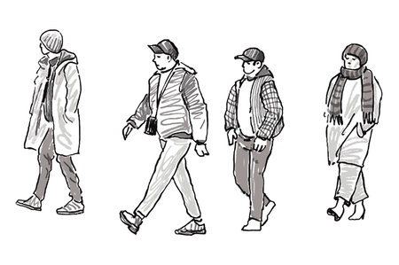 Sketch of casual crowd people walking along streetのイラスト素材