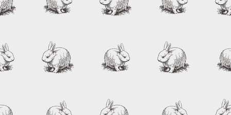 Seamless background of sketches cute fluffy white rabbit sitting in grassのイラスト素材