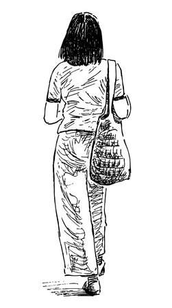 Sketch of casual slim young city woman walking down street alone on summer dayのイラスト素材