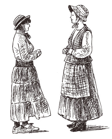 Sketch of two young women in retro country costumes from late 19th century standing and talkingのイラスト素材
