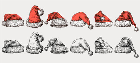 Collection of different sketches red Santa Claus hats with white fur and pom-poms, hats for Christmasのイラスト素材