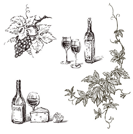 Hand drawn illustration of ripe grape bunch, wine bottles,wine glasses, cheese, lemon, vine branch with leaves and tendrilsのイラスト素材