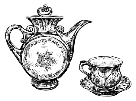 Outline hand drawing of ceramic tea pot with tea cup on saucer isolated on whiteのイラスト素材