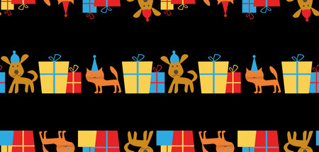 Seamless vector pattern of cartoon funny cats and dogs with gifts boxes in row, background for paper, wrapperのイラスト素材