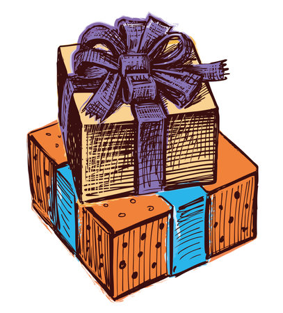 Vector hand drawing of two gift boxes tied ribbons with elegant bow, illustration isolated on whiteのイラスト素材