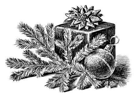 Sketch of gift box with bow, christmas tree branch,decoration ball, vector hand drawing isolated on whiteのイラスト素材