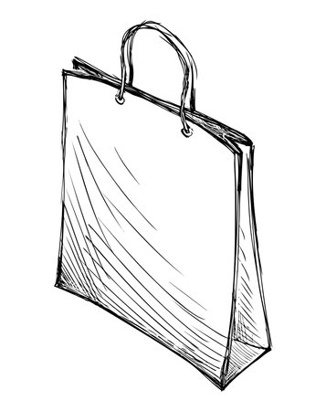 Sketch of shopping bag, paper package, new purchases, vector hand drawing isolated on whiteのイラスト素材