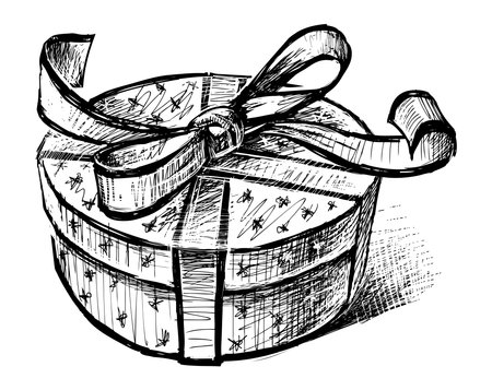 Sketch of single round gift box with ribbon tied in decorative bow, vector hand drawing isolated on whiteのイラスト素材