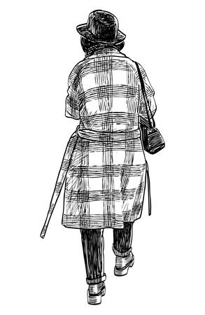 Sketch of one young city woman in plaid coat and hat walking outdoors, vector black and white hand drawing isolated on whiteのイラスト素材