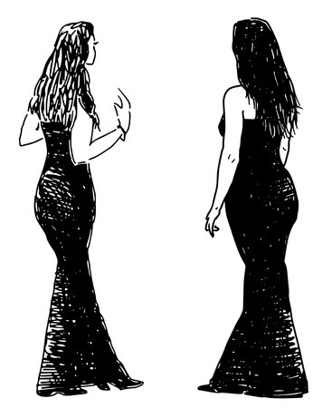 Ladies in evening gowns silhouettes long hairs back view standing and talking, vector hand drawing isolated on whiteのイラスト素材